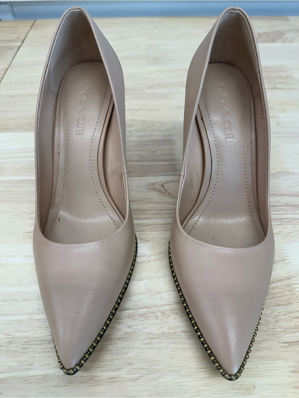 Coach Nude Pointed-Toe Leather Heels with Stud Trim